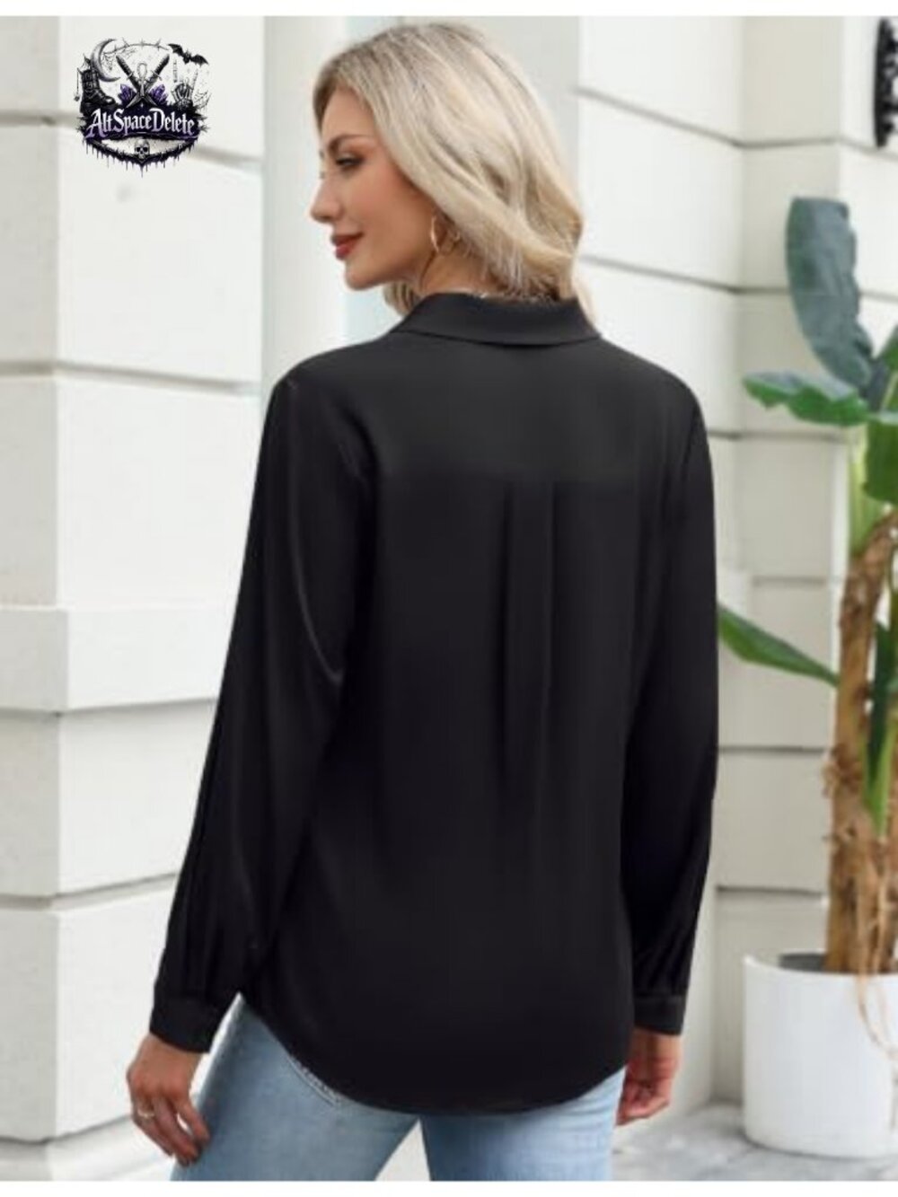 Satin V Neck Long Sleeve Blouse Collared Dressy Business Casual Top - Picture 4 of 6